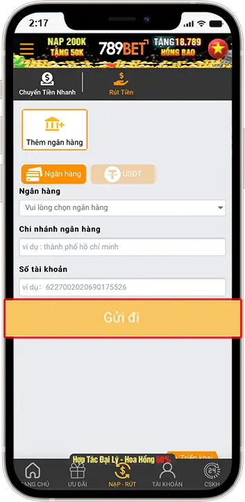 Bước 2: Điền thông tin ngân hàng muốn liên kết »» Bấm “gửi đi”
